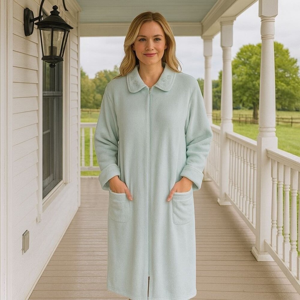 Vintage Miss Elaine Light Blue Collar Embroidered Zipup House Coat‎ Feminine M